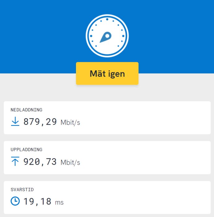 Hastighetstest för bredband som visar nedladdning 879,29 Mbit/s, uppladdning 920,73 Mbit/s och svarstid 19,18 ms.