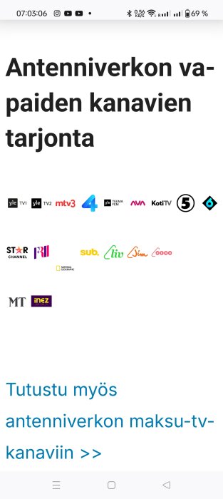 Finsk text om tillgängliga TV-kanaler via antennnätet, med logotyper för kanaler som YLE, MTV3, National Geographic och fler.