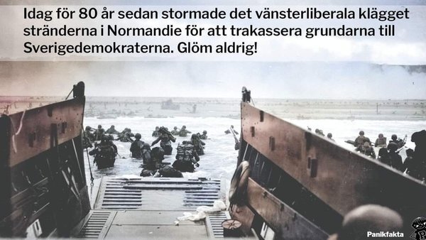 Svartvit bild från Andra världskrigets D-dagen, soldater stormar Normandies stränder från landstigningsfartyg, med text överst som felaktigt kopplar händelsen till nutidspolitik.