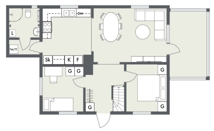 En våningsplanritning med kök, vardagsrum, två sovrum, toalett med dusch, tvättmaskin, torktumlare, klädkammare och entré med trappa.