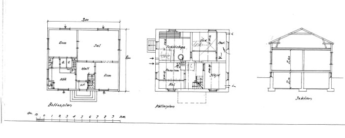 Gambrel house design drawing showing the floor plans for bottenplan and källarplan, and the section view labeled sektion with measurements in meters.