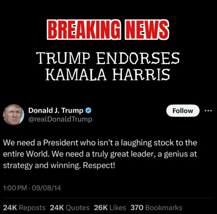 En bild med en falsk nyhetsrubrik som säger "Breaking News: Trump endorses Kamala Harris" ovanför en tweet från Trump som nämner behovet av en respekterad amerikansk president.