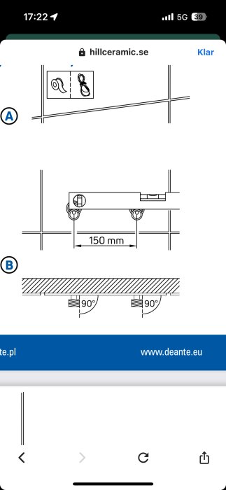 Diagram med mått för installation av en armatur eller blandare, med ett avstånd på 150 mm och en vinkel på 90 grader, från deante.eu.