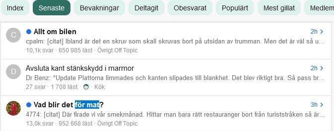 Skärmdump av ett diskussionsforum som visar fliken 'Senaste' med tre trådar, inklusive 'Allt om bilen', 'Avsluta kant stänkskydd i marmor', och 'Vad blir det för mat?'.