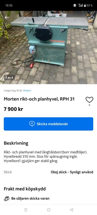 Rikt- och planhyvel Morten RPH 31 till salu för 7 900 kr, ståendes på en stenlagd yta, synligt använd med strömkabel på marken.