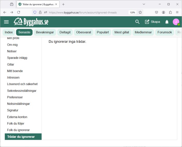 Skärmbild av en användarprofil på Byggahus.se visar att inga diskussionstrådar ignoreras, meny till vänster med olika profilinställningar.