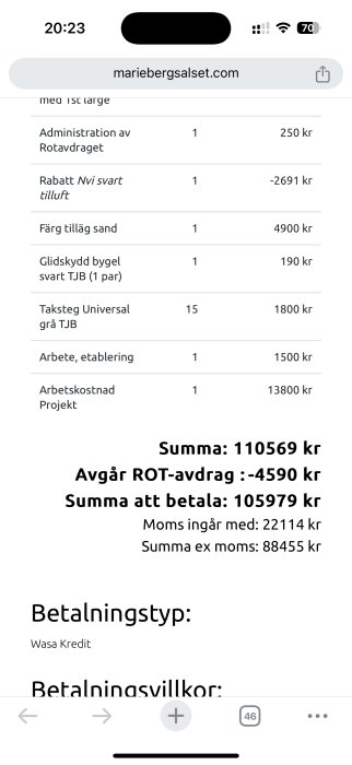 Digital faktura från mariebergsalset.com som visar kostnader för en kamininstallation med rabatter, ROT-avdrag och totalsumma att betala på 105979 kr.