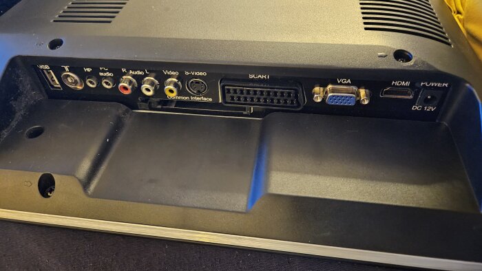 Baksidan på en Saga LCD med portar för USB, Tv, HP audio, PC audio, R Audio, L Audio, Video, S-Video, Scart, VGA, HDMI, och strömingång.