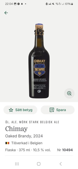 En flaska Chimay Grande Réserve Fermentée En Barriques 2024, 375 ml, mörk stark belgisk ale med 10,5 % vol, tillverkad i Belgien.