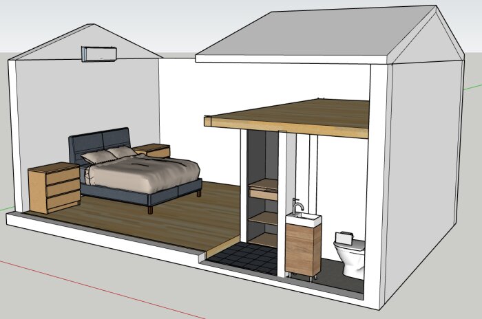 3D-skiss av en liten stuga med sovrum, förvaring, hall, toalett med golvvärme, och loft. Sovrummet har en säng och två nattduksbord.