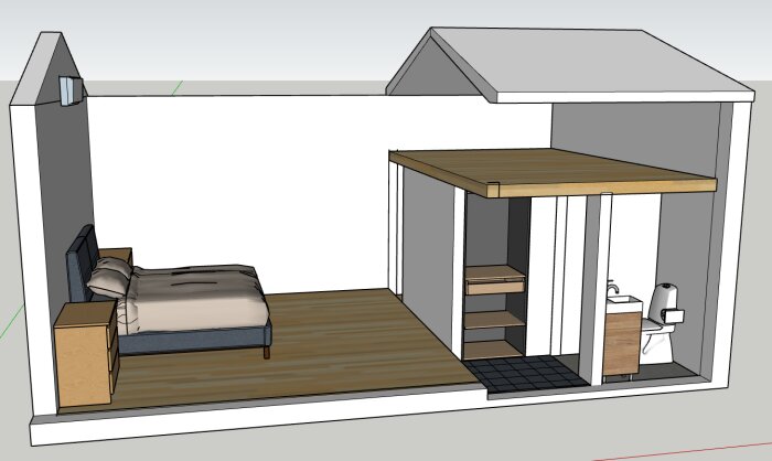 3D-skiss av boende med sovrum, loft och badrum. Sovrum med säng, nattduksbord och trägolv. Loft ovanför förråd och badrum med toalett och handfat.