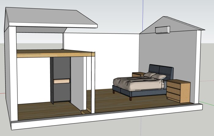 3D-ritning av ett rum med en säng, två nattduksbord, ett loft med golvyta och garderob under. Värmepump på väggen.