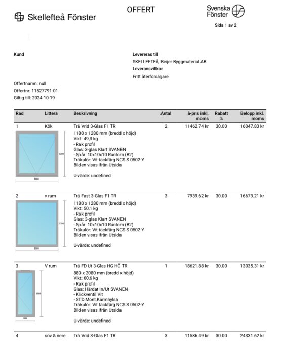 Offert från Skellefteå Fönster visar kostnader för byte av fönster och balkongdörr med beskrivningar, kvantitet, priser och rabatter utan bortkörning av gamla fönster.