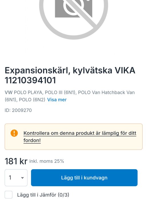 Expansionskärl, kylvätska VIKA 11210394101 föreslås som alternativ till motorfäste för en Fiesta, kontrollera lämpligheten för ditt fordon. Pris 181 kr.