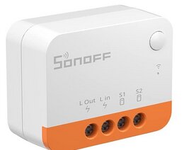 Sonoff Zigbee brytare med anslutningar för L out, L in, S1 och S2, samt strömbrytarindikatorer på framsidan och en vit och orange design.