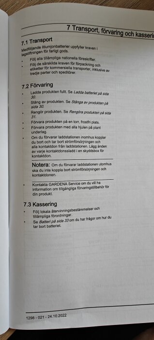 Instruction manual detailing transport, storage, and disposal of a product, including lithium-ion battery storage and disposal.