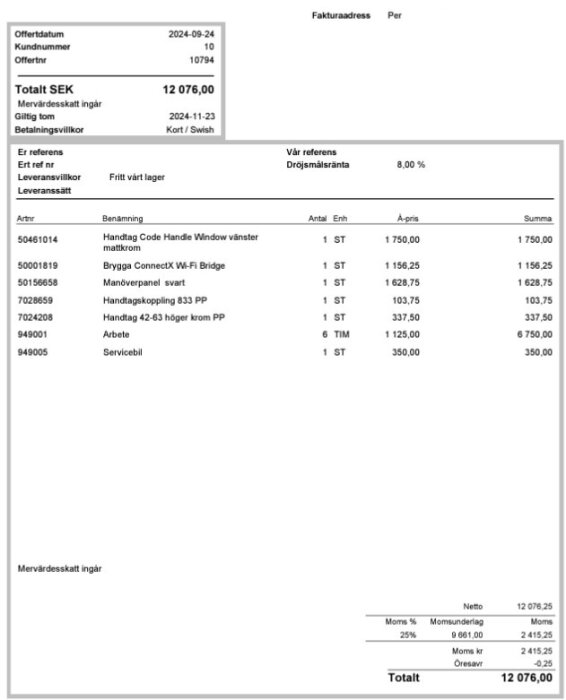 Offert på 12 076 kr med datum 2024-09-24, innehållande artiklar som handtag, brygga, manöverpanel, arbete och servicebil samt mervärdesskatt inkluderad.