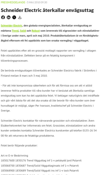 Skärmdump av pressmeddelande där Schneider Electric återkallar envägsuttag på grund av risk för varmgång.