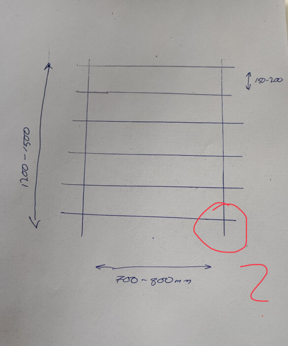 Ritning av en hylla med angivna mått: höjd 1200-1500 mm, bredd 700-800 mm och hyllplan 150-200 mm. En punkt i nedre högra hörnet är markerad med en röd cirkel.