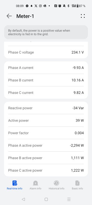 Skärmbild av appen Meter-1 som visar spänning, ström och aktiv effekt för olika faser. På bilden visas även reaktiv effekt, aktiv effekt och effektfaktor.