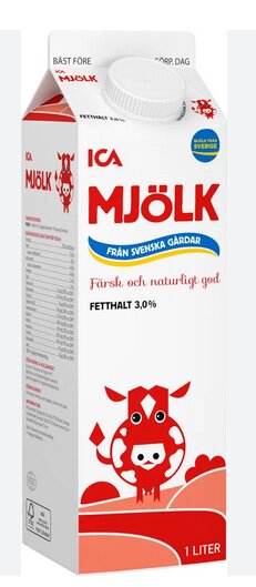 ICA mjölkkartong med 3% fetthalt, vit plastkork och röd design med tecknad ko, text "från svenska gårdar".