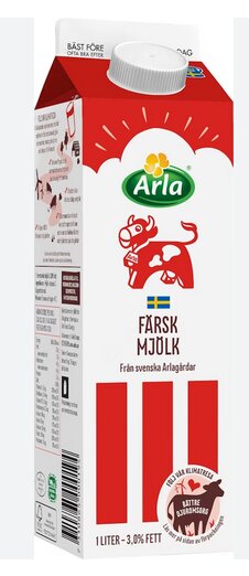 Kartong med färsk mjölk av märket "Arla", innehållande 1 liter och 3,0% fetthalt, med en vit plastkork på toppen.