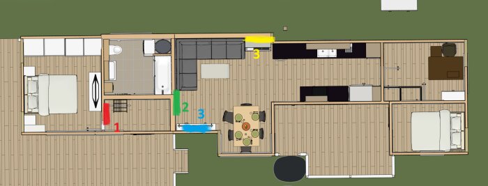 Planskiss av avlångt hus med markerade potentiella placeringar (1, 2, 3) för värmepump i olika färger: röd, grön, blå och gul.