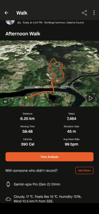 Skärmdump av ett träningsspår som visar en användares eftermiddagspromenad på 6,25 km runt Torsång med statistik som tid, kaloriförbränning och väderinformation.