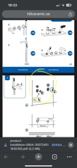 Instruktionsbild för installation av väggmonterad blandare och vattenrör med möjlighet att anpassa avståndet mellan hålen till 150 mm eller 160 mm.