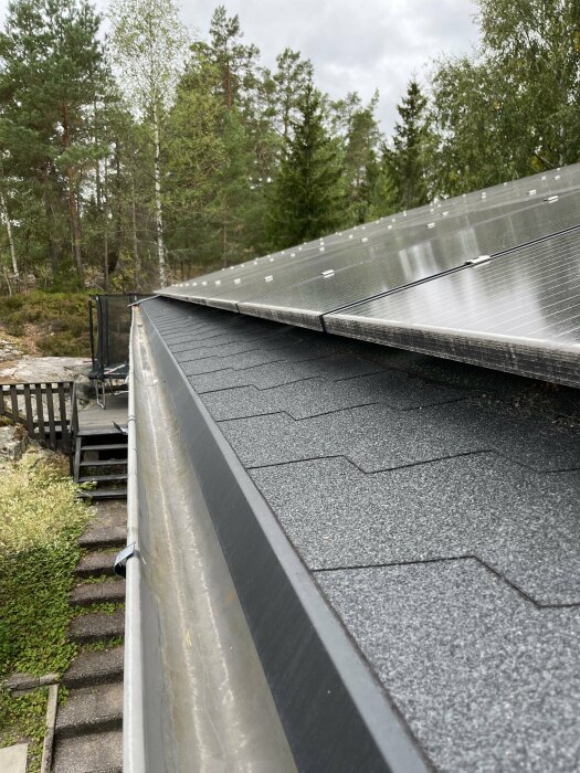 Solpaneler installerade på ett shingeltak över en hängränna och omgivande träd i bakgrunden.