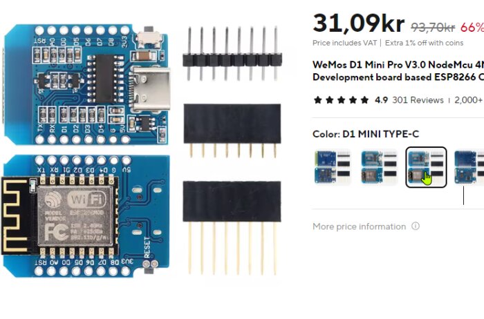 Bild av ett WeMos D1 Mini Pro V3.0 utvecklingskort med ESP8266, tillhörande stiftlister och dess komponenter, listat på en e-handelswebbplats för 31,09 kronor.