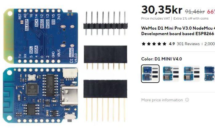 Bild på en WeMos D1 Mini Pro V3.0 NodeMcu utvecklingskort baserat på ESP8266, säljs för 30,35kr på ALIexpress. Två kort med olika komponenter och en uppsättning stift.