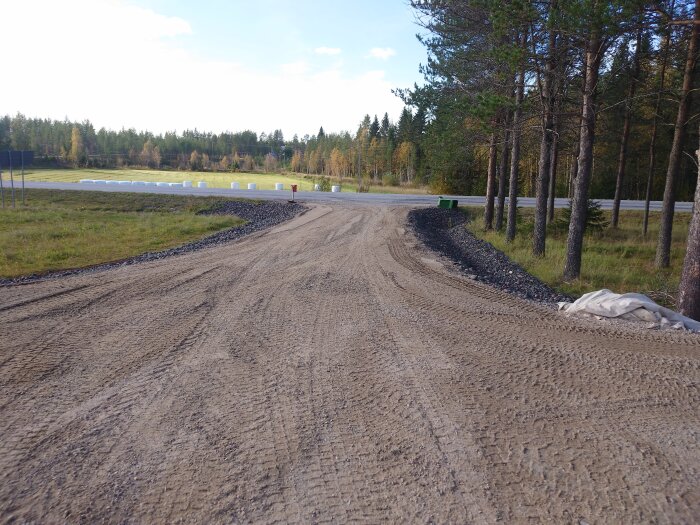 Grusad uppfart som leder till en väg, omgiven av gräsmatta och träd med några vita föremål i bakgrunden. Klarblå himmel och höstfärgade löv.