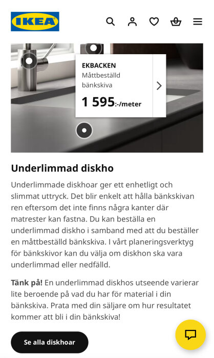 IKEA:s webbplats visar priset på en måttbeställd bänkskiva från EKBACKEN till 1 595 kr/meter. Texten beskriver underlimmade diskhoar.