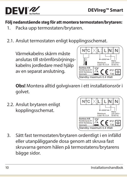 Instruktioner för att installera DEVIreg Smart-termostat, inklusive teknisk information, kopplingsschema och påminnelse om att montera golvgivaren i ett installationsrör i golvet.