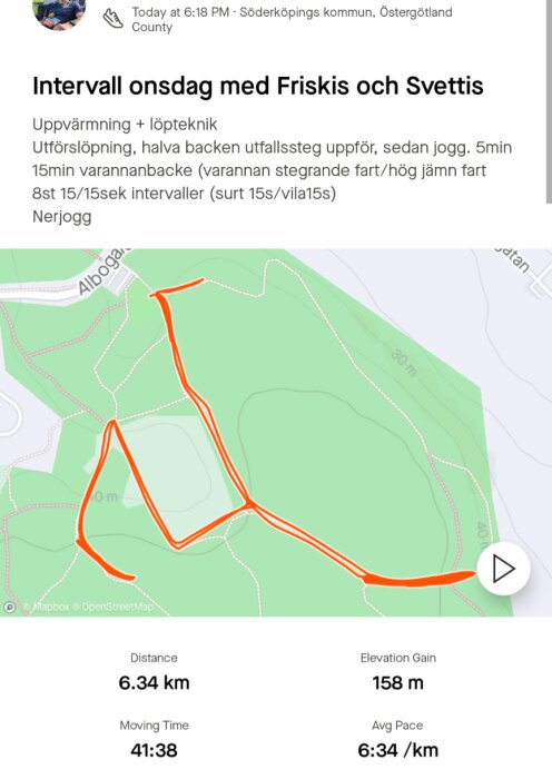 Skärmbild av träningspass där en löprunda med Friskis och Svettis i Söderköpings kommun visas med karta, distans på 6,34 km och elevation gain på 158 meter.