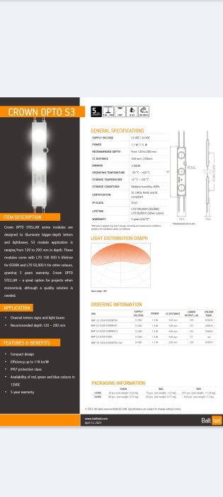 Specifikationsblad och produktinformation för LED-modulen Crown OPTO S3, inklusive tekniska data och tillämpningsområde.