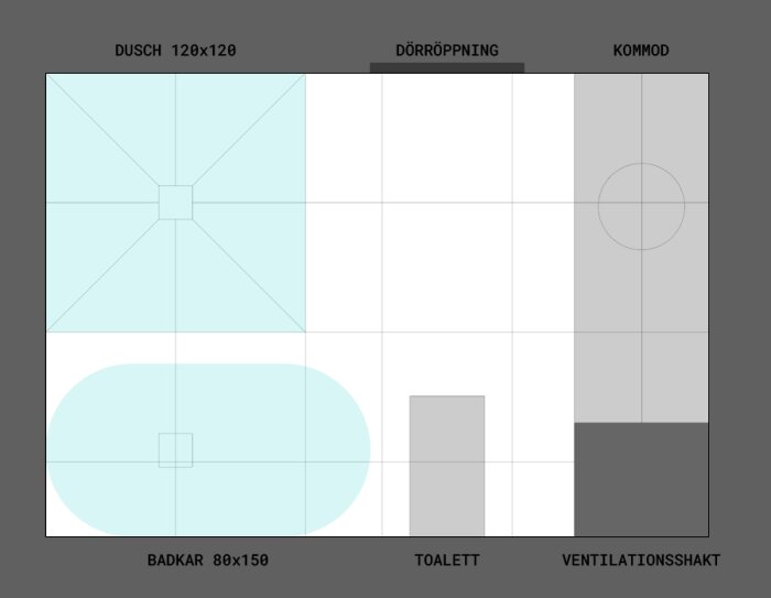 Skiss på badrum med golv- och väggkakel. Planlösningen visar placering av dusch, badkar, toalett, kommod och ventilationsschakt. 60x60 plattor med delade plattor vid dusch.