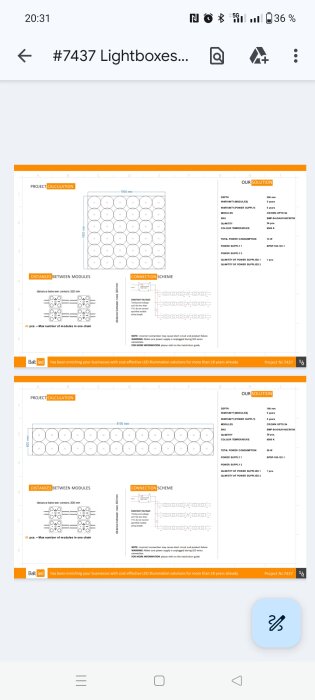 Två tekniska specifikationer och diagram som visar layout och anslutningsschema för LED-moduler, med information om max antal moduler i en kedja.