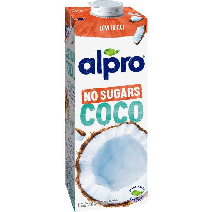 Alpros kokosdryck "No Sugars Coco" i tetraförpackning, med närbild på en kokosnöt längst ner på förpackningen och en vit plastkork upptill.