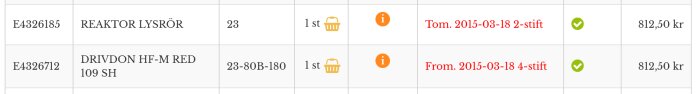 Tabell med reservdelar: Reaktor lysrör (23) och Drivdon HF-M Red (23-80B-180), båda för 812,50 kr.