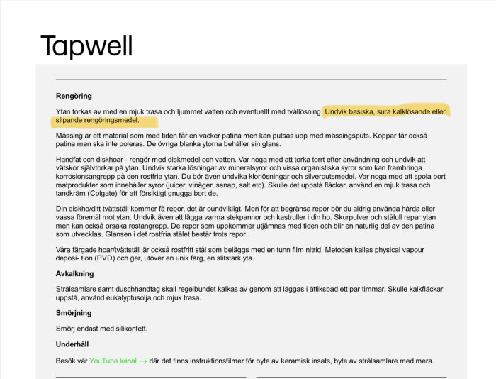 Rengöringsinstruktioner från Tapwell som ger råd om att undvika basiska, sura kalklösande eller slipande rengöringsmedel för att sköta om deras produkter.