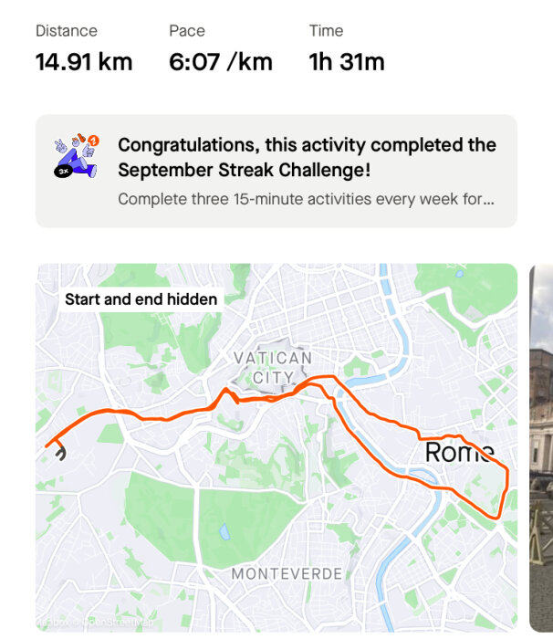 Karta över en springrunda i Rom på 14,91 km. Springrundan passerar platser som Vatikanstaten och Monteverde. Löpstatistik med medelhastighet 6:07 min/km och tid 1h 31m.