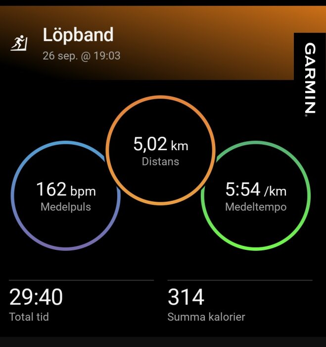 Garmin löpbandsaktivitetsdata inkluderar 5,02 km distans, medelpuls 162 bpm, medeltempo 5:54/km, 29:40 totaltid och 314 kalorier brända.