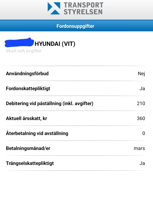 Fordonsspecifikationer från Transportstyrelsen-appen visar detaljer om en vit Hyundai, inklusive fordonsskatt, avgifter och bestämmelser.