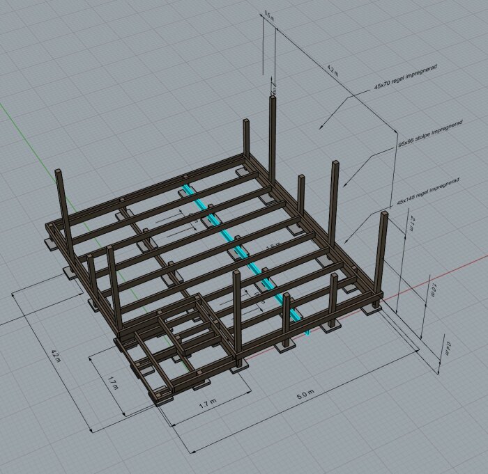 3D-ritning av en träkonstruktion med dimensioner och färgmarkerade balkar, inklusive en markerad blå balk. Konstruktionen är tänkt att stå på markstenar.