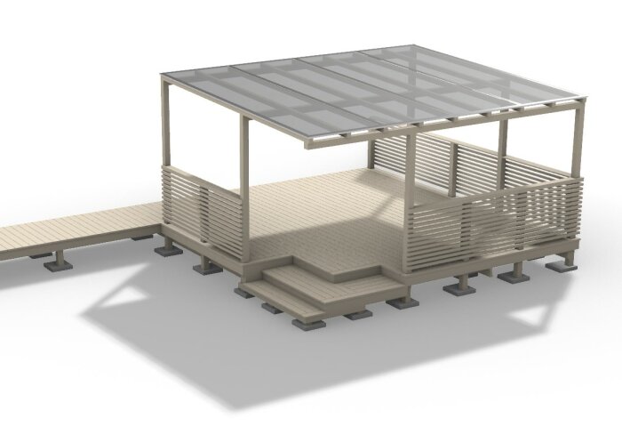 3D-modell av en altan med trappor, ett halvtransparent tak och öppet utrymme under altangolvet. Modellen är placerad på enkel marksten, ej förankrad i huset.