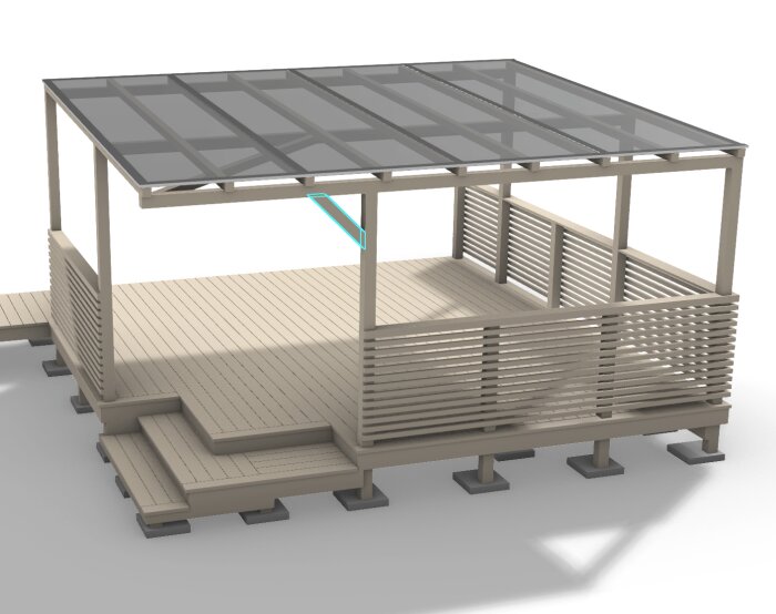 3D-modell av en utomhuspergola med glasstak och trägolv. En diagonal sträva som markerats i blått visas under taket.