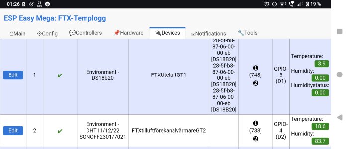 Screenshot av ESP Easy Mega: FTX-Templogg som visar två enheter med temperatur- och fuktighetsvärden, enheter DS18B20 och DHT11/12/22 är listade.