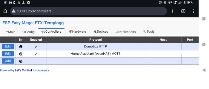 Inställningssida för ESP Easy Mega FTX-Templogg med två aktiverade protokoll: Domoticz HTTP och Home Assistant (openHAB) MQTT.